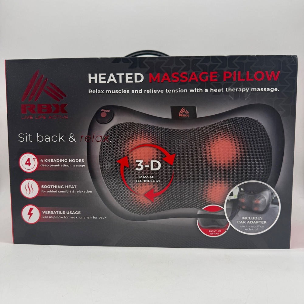 RBX Heated Massage Pillow 3-D Kneading Nodes Heat Therapy Car & Wall Adapter NEW